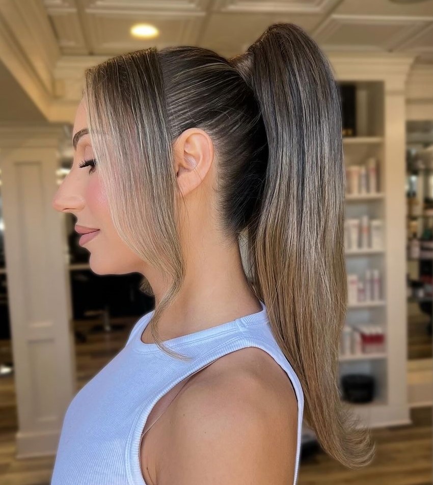 Sleek High Ponytail with Long Fringe